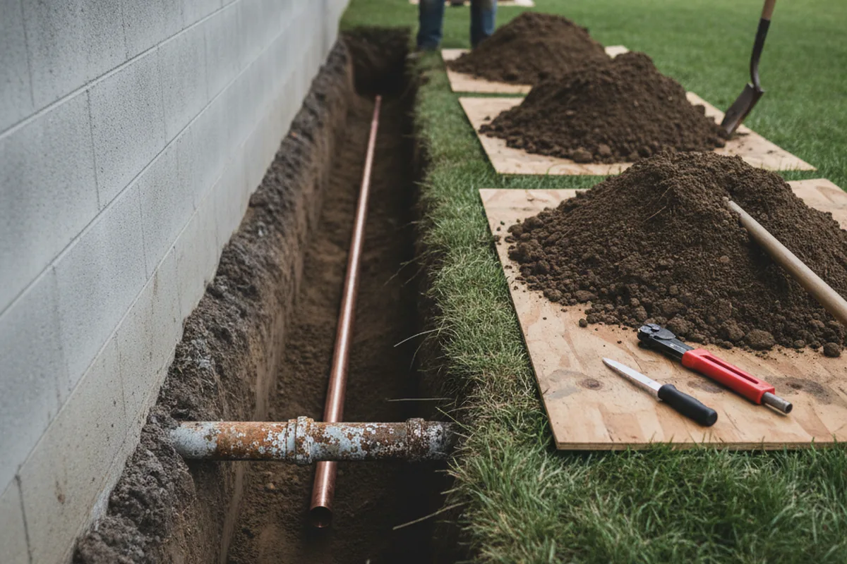 Excavated water line trench during Water Heater Repair in Orderville